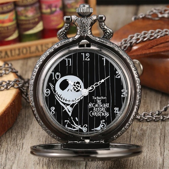Nightmare Before Christmas Pocket Watch NEW Gloss Black Jack and Sally - Picture 2 of 4